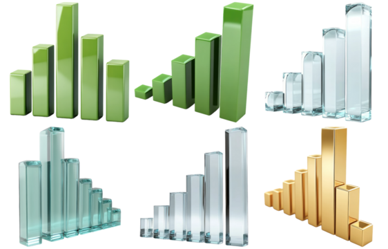 Collection of bar charts in metallic and glass finishes isolated on transparent background
