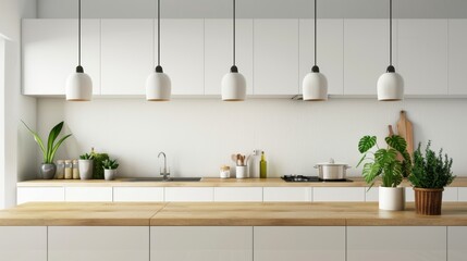 A bright, minimalist kitchen exudes modern elegance with its white cabinets, wooden countertops, and suspended pendant lights, accented by green plants for a fresh touch.