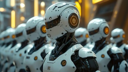 Fototapeta premium Robot with radiant helmet and glowing eyes for cutting-edge design imagery