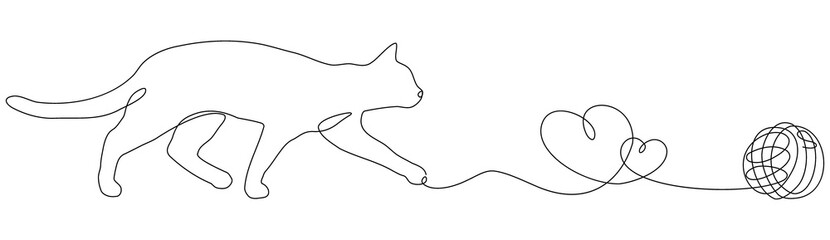 Continuous one line drawing of cat and yarn ball. Simple silhouette of cat, yarn ball and hearts. Cat Day