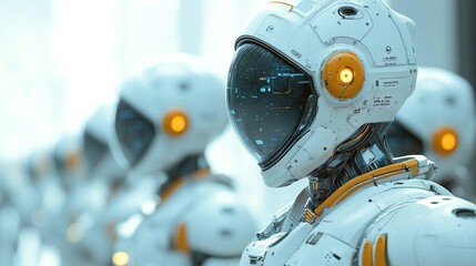 Fototapeta premium Robot with radiant helmet and illuminated eyes for high-tech digital designs