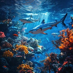 Fototapeta premium Sharks Swimming Through a Coral Reef