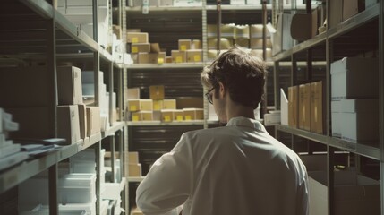 A man in a lab coat standing between shelves in a storage room filled with boxes, working with a sense of purpose.