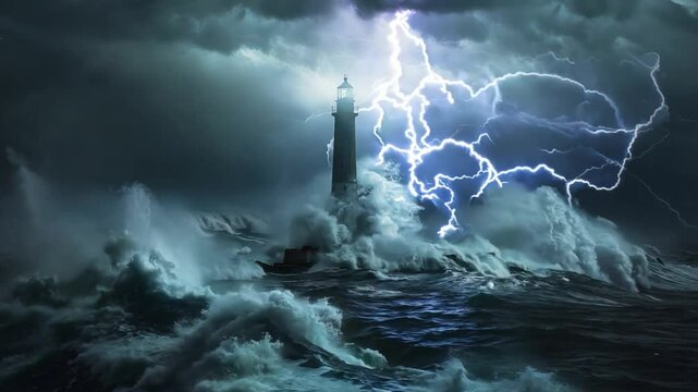 Lone lighthouse standing against a stormy sea, with dramatic lighting highlighting its resilience