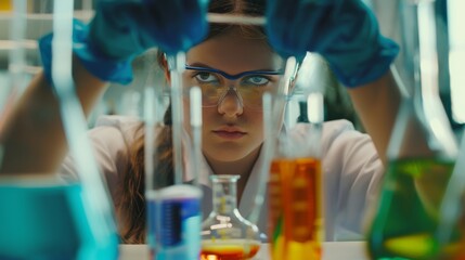 A scientist intensely focuses on an experiment, handling various liquids in lab equipment, underscoring the precision and rigor of scientific work.