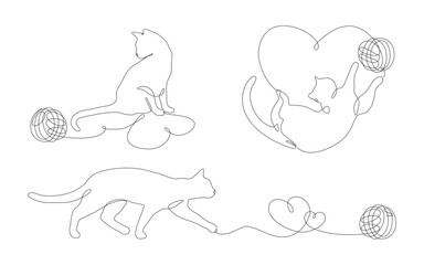 A set of continuous one line drawings of cats and yarn balls. Simple silhouettes of cats, yarn balls and hearts. Editable stroke, linear vector illustration. 