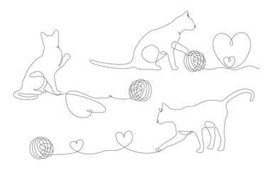 A set of continuous one line drawings of cats and yarn balls. Simple silhouettes of cats, yarn balls and hearts. Editable stroke, linear vector illustration. 