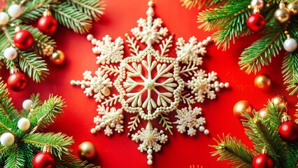 White Snowflake Ornament with Christmas Decorations on Red Background 
