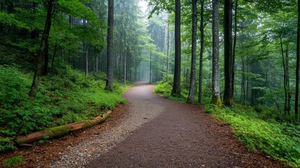 Fototapeta premium Serene forest path winding through lush greenery, inviting exploration and connection with nature amidst the calming mist.
