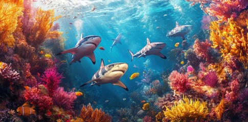 Sharks and Colorful Coral Reef in Sunlit Underwater Scene