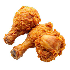 Three crispy fried chicken drumsticks and thighs are isolated on a white background
