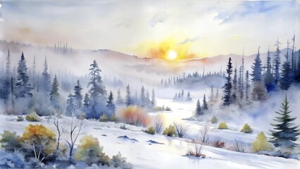 Obraz premium Misty winter landscape illustration at sunrise featuring a river and soft colors in a tranquil setting