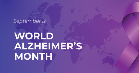 World Alzheimer's Awareness Month promotional graphic poster. Observed in September. Features a vibrant purple ribbon on background. Clean and modern design of advocacy campaign banner.