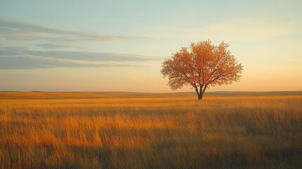 Obraz premium A solitary tree stands majestically in a golden field during sunset, showcasing nature's beauty and tranquility.