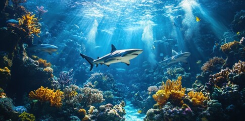 Fototapeta premium Two Sharks Swimming Through a Coral Reef in Blue Water