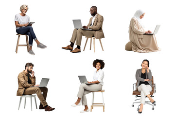PNG diverse sitting business people design element set, transparent background
