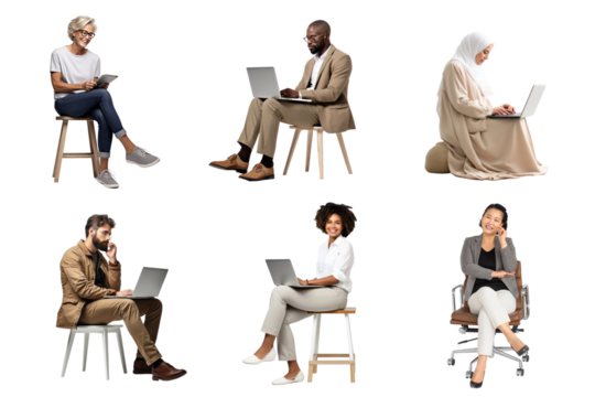 PNG diverse sitting business people design element set, transparent background
