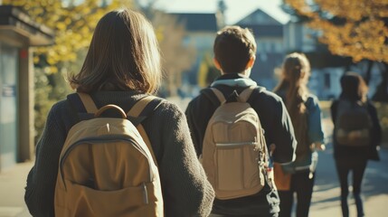 Back View of Anonymous Girls and Boys with Backpacks Walking Together to School During Daytime, 3D Illustration. AI generated illustration.