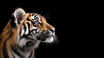 Obraz premium A tiger rests gracefully, highlighted by a dark background that accentuates its powerful form and vibrant fur colors.
