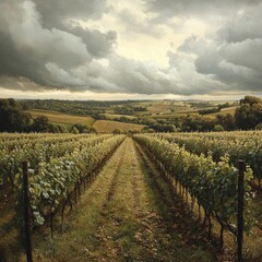 Fototapeta premium A serene vineyard landscape under dramatic clouds, showcasing rows of grapevines stretching into the distance.