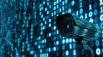 A surveillance camera peers through a digital backdrop of binary code, representing modern digital security and surveillance technology.