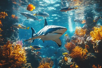 Fototapeta premium Great White Shark Swimming Through a Coral Reef