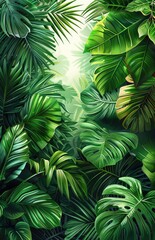 Tropical leaves frame background with white space in the center for text, white background, watercolor illustration style