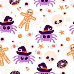 Seamless Halloween pattern with skull, cute spider, skeleton and sweets. Happy Halloween, Halloween for kids. Vector illustration in flat style	
