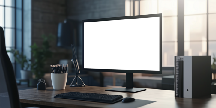 Mockup of a blank computer screen on a desk in an office with soft natural light coming through the window