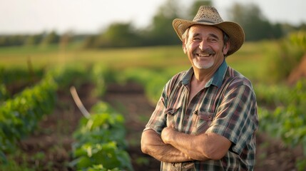 Fototapeta premium Portrait of a farmer with a proud smile, standing in a field