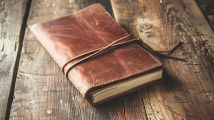 A rustic leather-bound journal rests on a textured wooden table, capturing a mood of nostalgia and timeless craftsmanship.