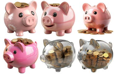 Various transparent piggy banks filled with coins isolated on transparent background
