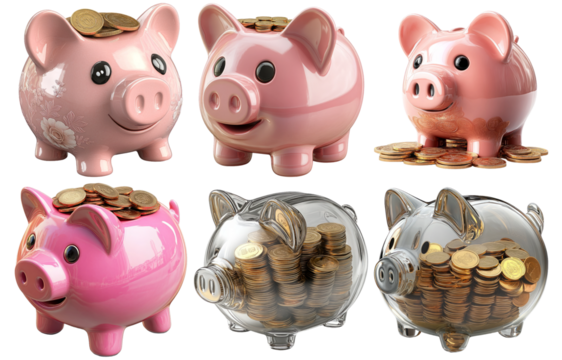 Various transparent piggy banks filled with coins isolated on transparent background