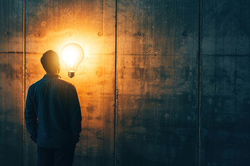 Obraz premium Innovative art piece showing a man staring at a radiant light bulb in front of a textured wall