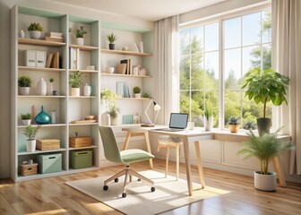clutterfree modern home workspace with pastel hues, tidy shelves, and natural light pouring in through large windows, capturing serenity and productivity