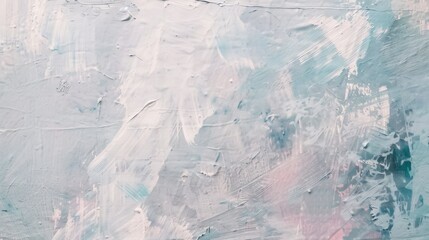 Abstract painting with shades of white, blue, and pink, showcasing textured brushstrokes creating a tranquil, airy atmosphere.