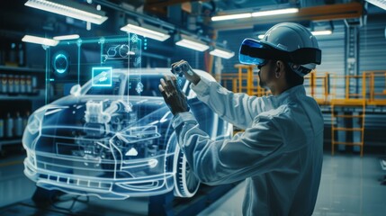 Engineer using a VR headset to interact with a virtual prototype of a car in a futuristic automotive design lab.