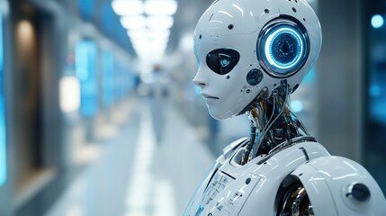 Robot with bright glowing eyes and luminous helmet for innovative imagery