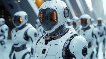 Robot with bright glowing eyes and advanced helmet for high-tech visuals