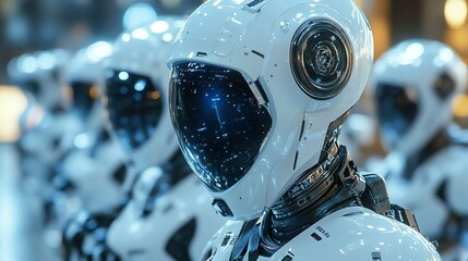 Futuristic robot with radiant helmet and glowing eyes for dynamic digital designs