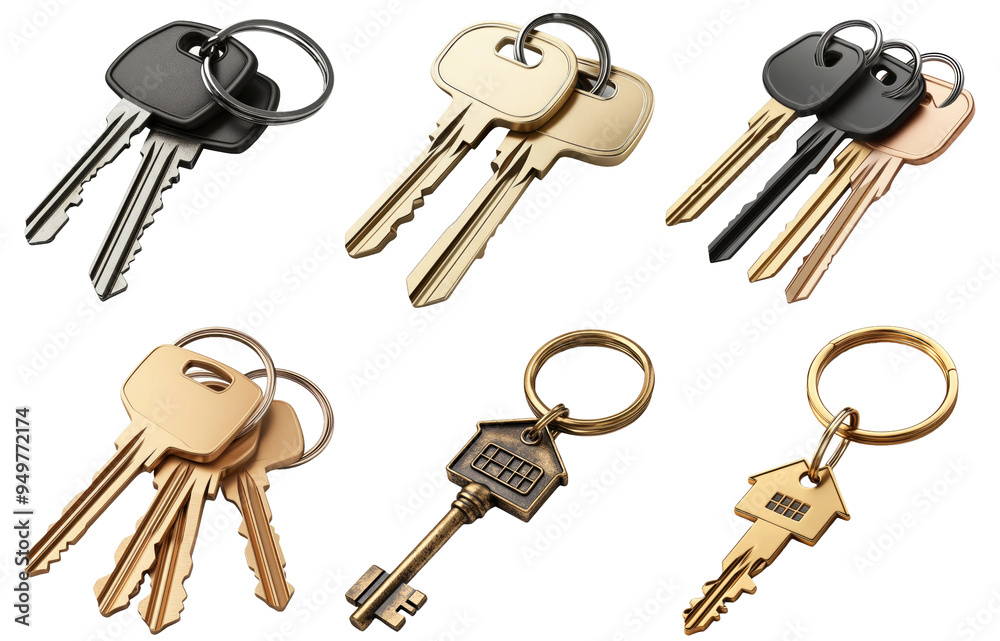 Wall mural assorted keys with keychains in various styles and designs isolated on transparent background