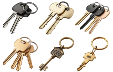 Assorted keys with keychains in various styles and designs isolated on transparent background