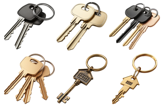 Assorted keys with keychains in various styles and designs isolated on transparent background