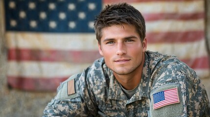 Portrait of a young American soldier in uniform with a US flag background. This image symbolizes patriotism, bravery, and dedication, suitable for military or veteran-themed content.