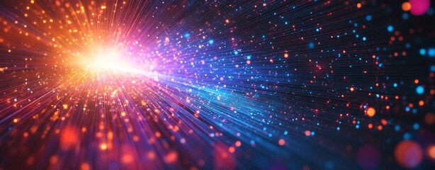Fototapeta premium Abstract digital grid background with glowing light rays and stars.