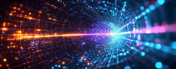 Obraz premium Abstract digital grid background with glowing light rays and stars.