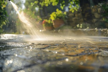 Fototapeta premium Water hose spraying mist over a sunlit garden path, creating a refreshing atmosphere. This image highlights summer gardening and outdoor freshness, ideal for landscaping or gardening themes.
