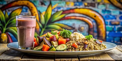 Crisp quinoa and roasted vegetables merge on a platter, accompanied by a refreshing smoothie, set against a vibrant backdrop of graffiti-inspired art, exuding strength, clarity, and wholeness.