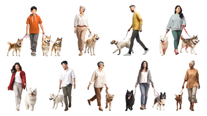 PNG people walking dogs design element set, transparent background