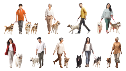 PNG people walking dogs design element set, transparent background